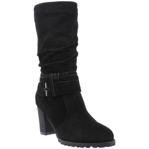 Womens Mid Calf Boots Faux Suede Ruched Strap Stacked Block Heel Shoes Black