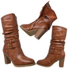 Womens Mid Calf Boots Faux Leather Ruched Strappy Stacked Block Heel Shoes Brown