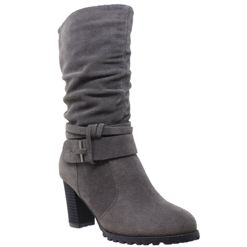 Womens Mid Calf Boots Faux Suede Ruched Strap Stacked Block Heel Shoes Gray