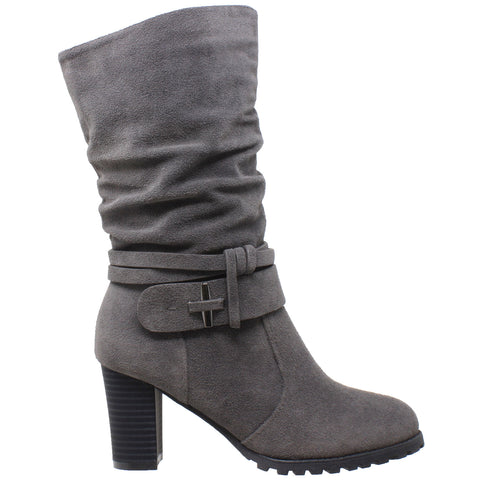 Womens Mid Calf Boots Faux Suede Ruched Strap Stacked Block Heel Shoes Gray