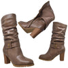Womens Mid Calf Boots Faux Leather Ruched Strappy Stacked Block Heel Shoes Taupe