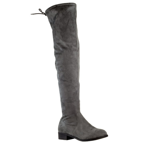 Womens Knee High Boots Lace Up Block Heel  Over the Knee Riding Boots Gray