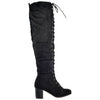Womens Knee High Boots Chunky Block Heel Retro Lace Up Western Shoes Black