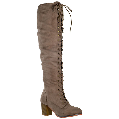 Womens Knee High Boots Chunky Block Heel Retro Lace Up Western Shoes Taupe