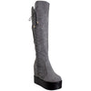 Womens Knee High Boots Corset Lace Up Platform Wedge Shoes Flatforms Gray
