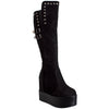 Womens Knee High Boots Square Stud Buckle Strap Platform Wedge Shoes Flatforms Black