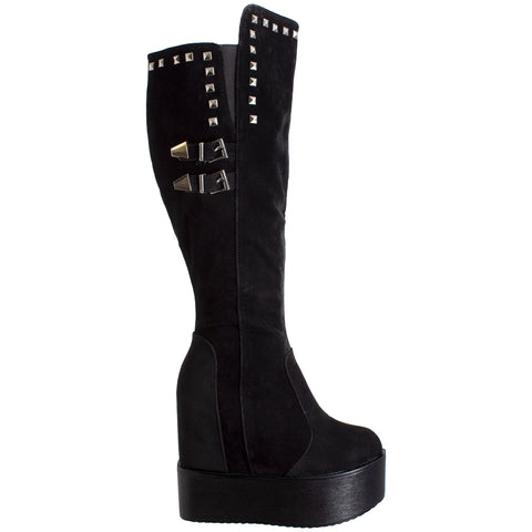 Womens Knee High Boots Square Stud Buckle Strap Platform Wedge Shoes Flatforms Black