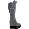 Womens Knee High Boots Square Stud Buckle Strap Platform Wedge Shoes Flatforms Gray