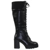 Combat Knee High  Boots Lace Up Chunky Heel Knitted Cuff Camel  Black Leather