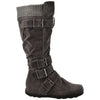 Womens Knee High Boots Ruched Suede Knitted Calf Buckles Rubber Sole  Charcoal