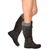 Womens Knee High Boots Ruched Suede Knitted Calf Buckles Rubber Sole  Charcoal