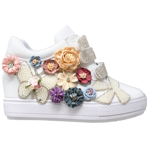Womens Platform Shoes Rhinestone Pearl Flower Accent Hidden Wedge Sneakers White