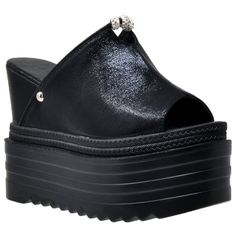 Womens Platform Sandals Rhinestone Accent Slip On Flatform Shoes Black