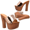 Womens Platform Sandals Slip On Open Toe Faux Wood Chunky High Heel Shoes Rose Gold