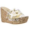 Womens Platform Sandals Glitter Flower Sequins Slip On Wedges Gold