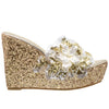 Womens Platform Sandals Glitter Flower Sequins Slip On Wedges Gold