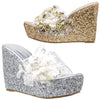 Womens Platform Sandals Glitter Flower Sequins Slip On Wedges Silver