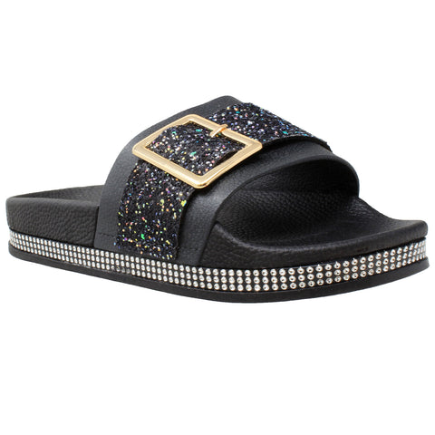 Womens Platform Sandals Glitter Buckle Rhinestone Slip On Flatform Slide Black
