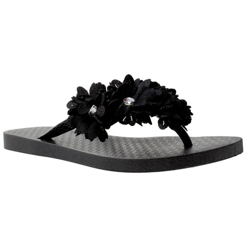 Womens Flat Sandals Rhinestone Floral Accent Slip On thong Flip Flop Black
