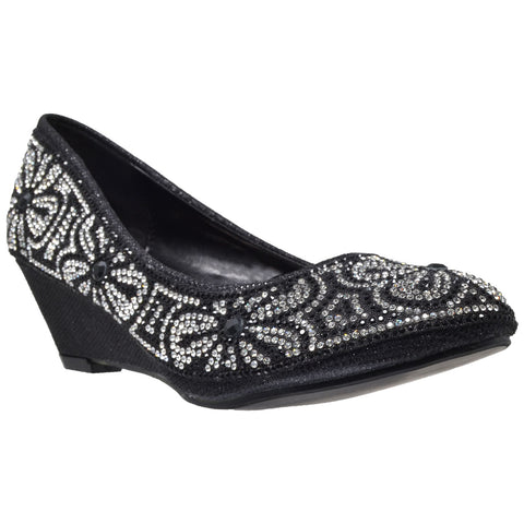 Womens Dress Shoes Slip On Wedge Pumps Floral Print Rhinestone Shoes Black
