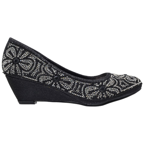 Womens Dress Shoes Slip On Wedge Pumps Floral Print Rhinestone Shoes Black
