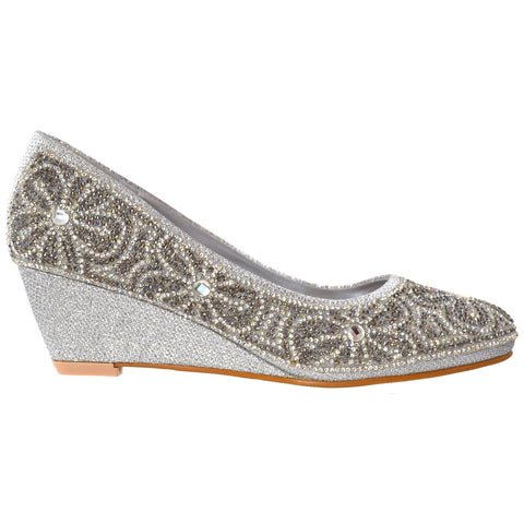 Womens Dress Shoes Slip On Wedge Pumps Floral Print Rhinestone Shoes Silver