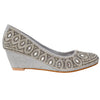 Womens Dress Shoes Slip On Wedge Pumps Rhinestone Jewel Shoes Silver