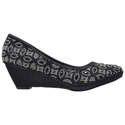 Womens Dress Shoes Slip On Wedge Pumps Rhinestone Jewel High Heels Black