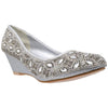 Womens Dress Shoes Slip On Wedge Pumps Rhinestone Jewel High Heels Silver
