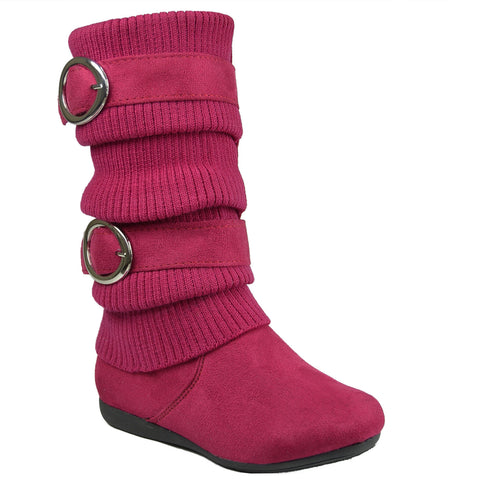 Kids Mid Calf Boots Knitted Calf and Buckle Accent Casual Shoes Pink