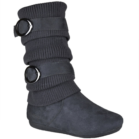 Kids Mid Calf Boots Knitted Calf and Buckle Accent Casual Shoes Gray