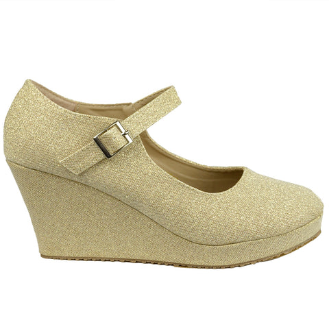 Womens Platform Shoes Glitter Accent Closed Toe Mary Jane Wedges Gold