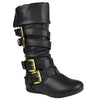 Kids Mid Calf Boots Gold Stacked Buckle Accent Casual Shoes Black