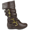 Kids Mid Calf Boots Gold Stacked Buckle Accent Casual Shoes Brown