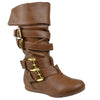 Kids Mid Calf Boots Gold Stacked Buckle Accent Casual Shoes Tan