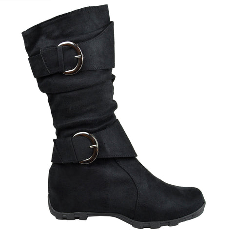 Kids Mid Calf Boots Loose Ruched Buckles Side Zipper Closure Black