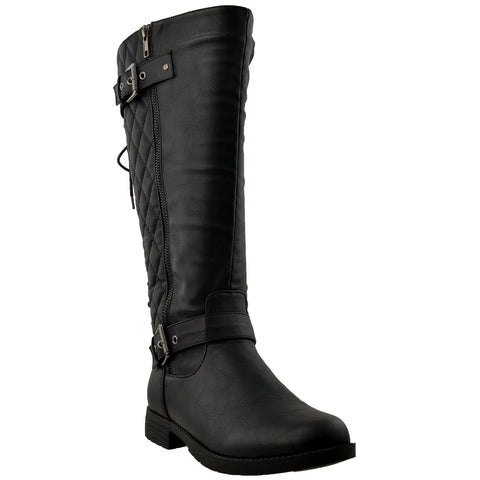Womens Knee High Boots Quilted Back Lace Up Adjustable Strap Shoes Black