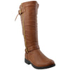 Womens Knee High Boots Quilted Back Lace Up Adjustable Strap Shoes Brown