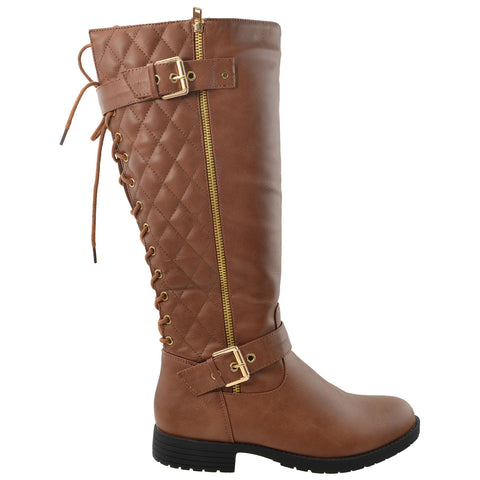 Womens Knee High Boots Quilted Back Lace Up Adjustable Strap Shoes Brown