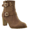 Womens Ankle Boots Gold Buckle Strap Stacked Heel Booties Brown