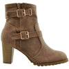Womens Ankle Boots Gold Buckle Strap Stacked Heel Booties Brown