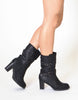 Womens Mid Calf Boots Strappy Buckle Accent Stacked Heel Shoes Black