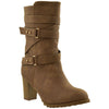 Womens Mid Calf Boots Strappy Buckle Accent Stacked Heel Shoes Brown