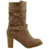 Womens Mid Calf Boots Strappy Buckle Accent Stacked Heel Shoes Brown