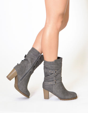 Womens Mid Calf Boots Strappy Buckle Accent Stacked Heel Shoes Gray