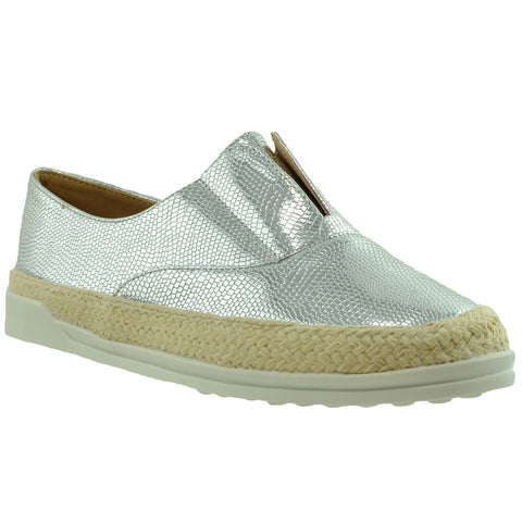 Womens Flat Shoes Snake Print Espadrilles Slip On Sneakers SILVER
