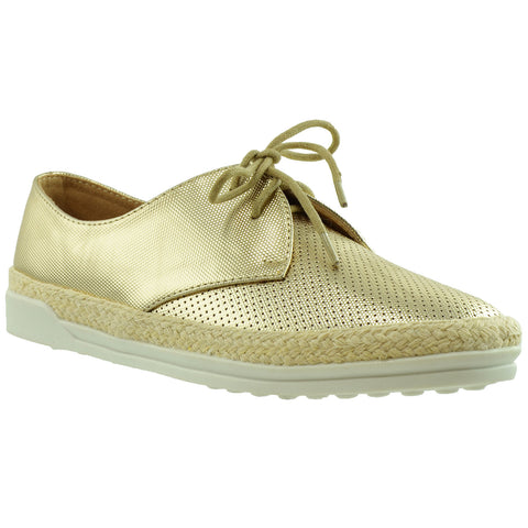 Womens Flat Shoes Perforated Lace Up Espadrilles Closed Toe Sneaker Gold