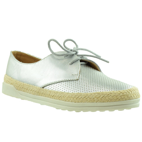 Womens Flat Shoes Perforated Lace Up Espadrilles Closed Toe Sneaker SILVER