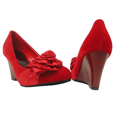 Womens Platform Shoes Suede Flower Rosette Wedge High Heel Shoes Red