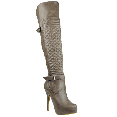 Womens Knee High Boots Quilted Front Buckle Accent Sexy High Heels Taupe